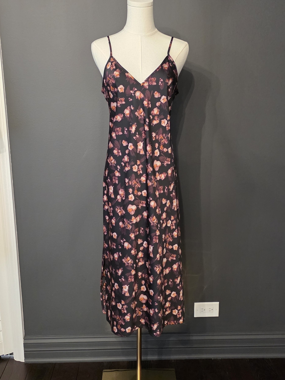 a new day Black Slip Midi Dress with Pink Floral Print